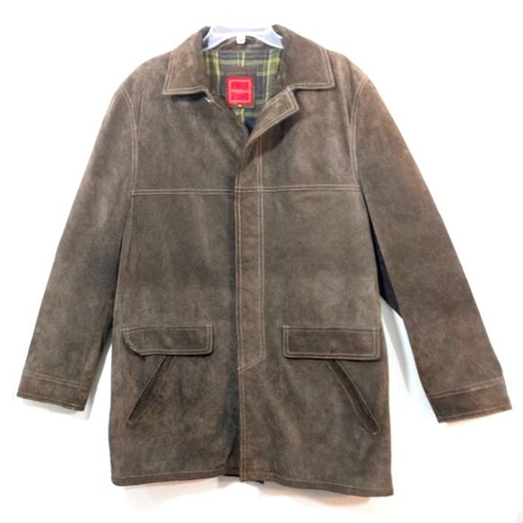 Cole Haan Country Leather textured Barn Coat wool plaid lined M - Picture 1 of 13